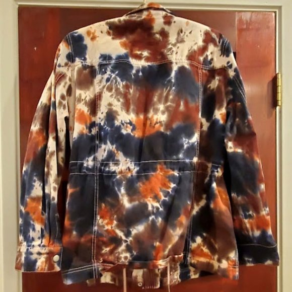 L OOAK Tie Dyed Gap Utility Jacket with Pockets, Drawstring Waist Zipper & Snaps - Picture 3 of 9